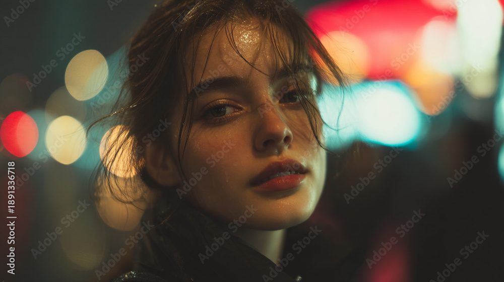Fototapeta premium A young woman with wet hair looks directly at the camera in a nighttime urban setting