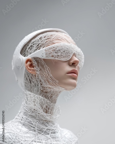 A woman with white, wire-framed, lace-like glasses, and a thin wire mesh wrapped around her, with a robotic skin texture, conveying a sense of futuristic technology and sci-fi atmosphere.
