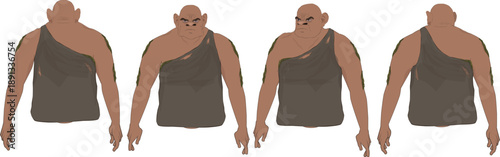 Group of muscular bald tribal men in tank-top like cloth, multiple views including side and back, primitive islander character turnaround vector set for animation and cultural design.