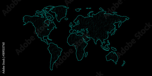Futuristic Global Digital Network Map with Cyan Neural Mesh - World Connectivity Concept Vector