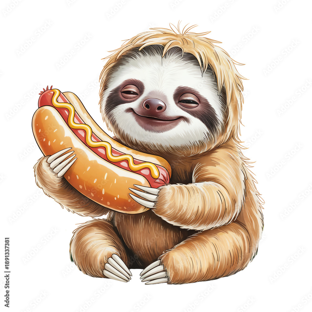 Fototapeta premium A smiling sloth is holding a large hot dog Its fur looks soft and fluffy, adding a playful touch.