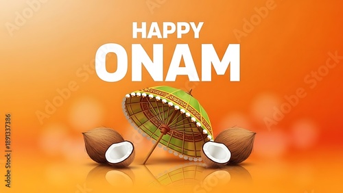 Colorful umbrella between two coconuts with Happy Onam text on orange background