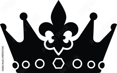 A black and white flat graphic illustration of a royal crown featuring a prominent fleur de lis symbol