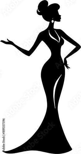 Silhouette of Glamorous Woman in Elegant Evening Gown with Bun Hairstyle