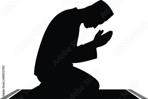 Silhouette of person praying on prayer mat, kneeling in sujood position, bold black shapes