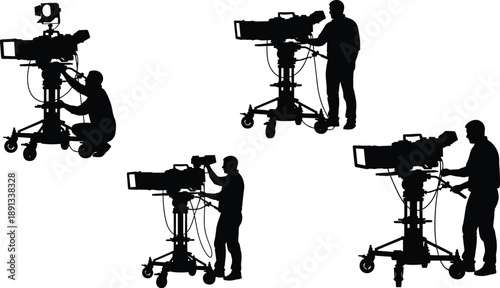 Broadcast cameraman silhouettes set, black white television studio camera operators working with professional video equipment for media production design