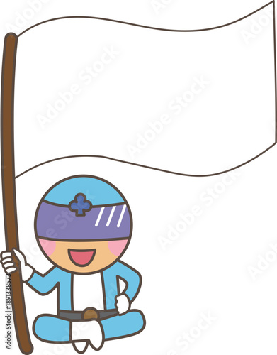 白い横断幕と座る青いヒーローキャラクター｜説明・掲示用素材