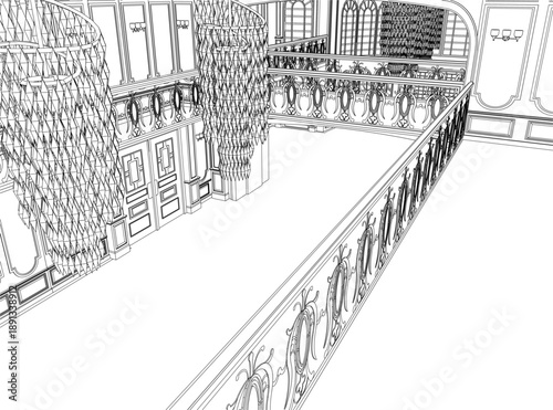 A detailed black and white contour drawing of a furnished mansion interior, featuring an ornate chandelier, grand railings, and intricate architectural details.