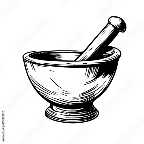 Minimalist Black Marble Mortar and Pestle Line Art on White: A Sleek Design for Modern Kitchens and Wellness Concepts