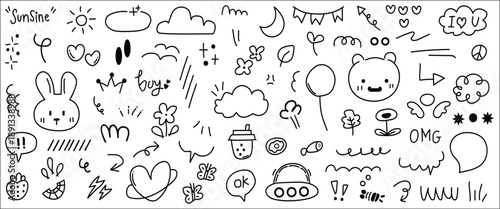 Hand drawn doodle emoticons set with happy sad angry love expressions and text bubbles isolated on white background