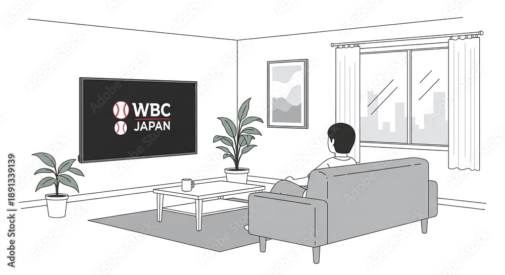 Fototapeta premium 壁掛けテレビでWBC日本戦を観戦する男性のリビング
