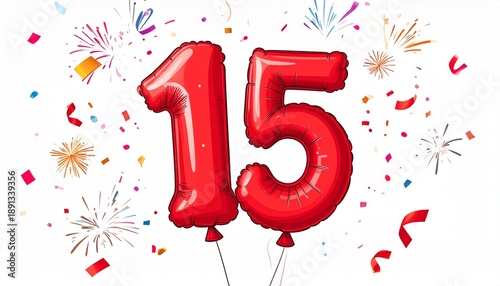 Red cartoon style balloon shaped as number 15 with confetti on white background. Illustration for birthday or anniversary party