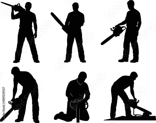 Collection of lumberjack and woodworker silhouettes operating chainsaws in different poses, professional tree surgeon and forest worker vector illustration set