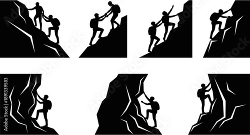 Collection of mountain climber silhouettes working together to reach the summit, teamwork and leadership concept of people helping each other climb
