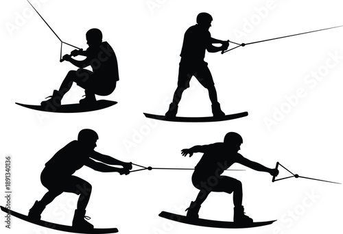 Wakeboarding athlete silhouettes set, black white water sport action poses with rope, dynamic extreme summer adventure illustration design collection