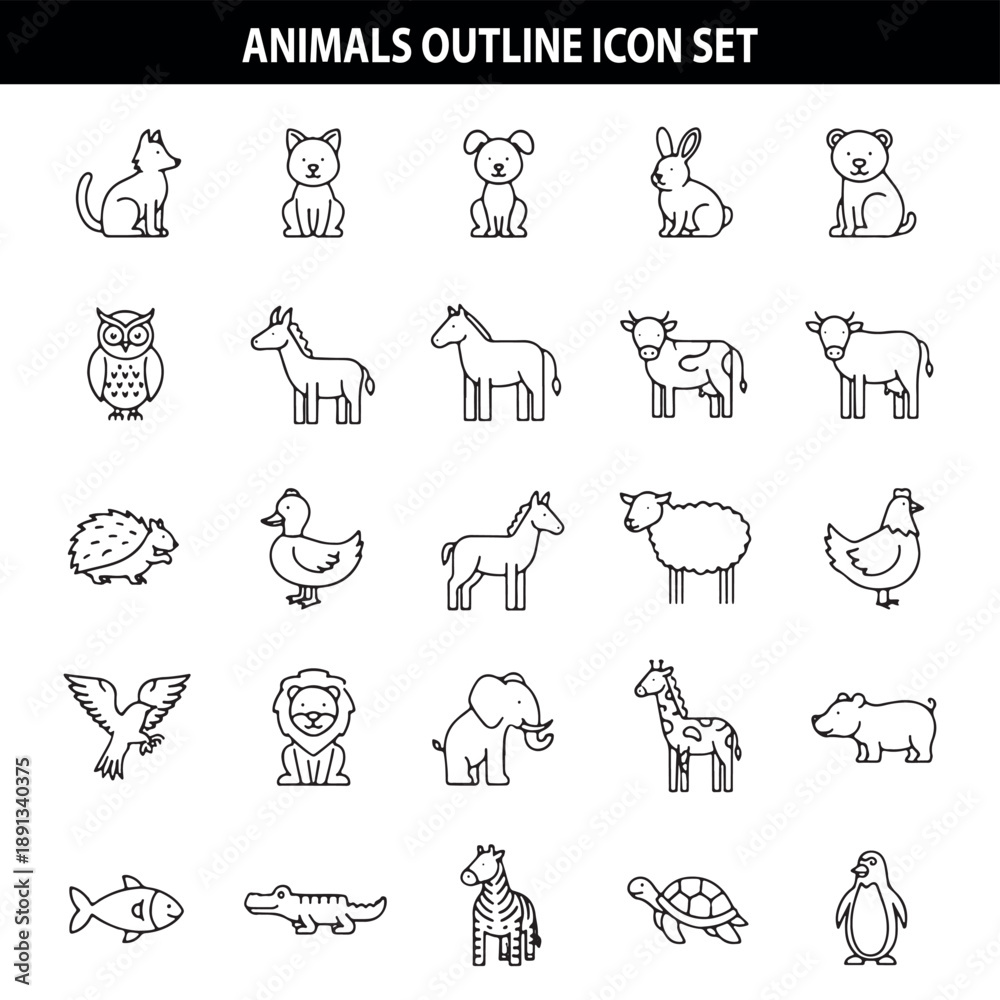 Fototapeta premium Animals Outline Icon Set, Wildlife Pet Illustration, Farm Zoo Symbols, Black And White Animal Icons, Nature Fauna Clipart, Animal Design Elements, Animal Icon Collection