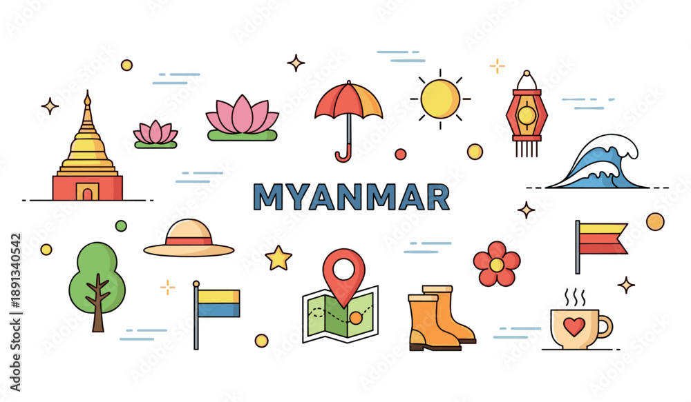Fototapeta premium Colorful symbols and landmarks of myanmar in flat design style
