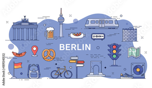Berlin landmarks and icons: brandenburger gate, tv tower, currywurst, and u-bahn in flat design