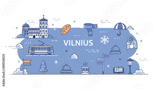 Vilnius landmarks and icons: cathedral, trolleybus, and winter elements in stylized illustration