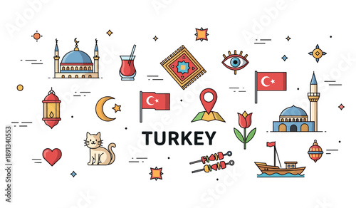 Colorful turkish icons: mosque, flag, tea, carpet, and cultural symbols