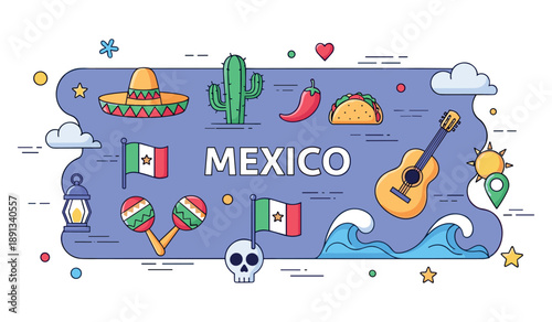 Mexican culture icons: sombrero, cactus, maracas, guitar, flags, food
