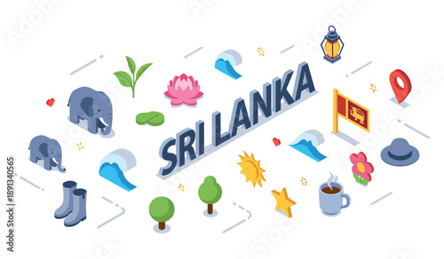 Sri lanka icons: elephants, tea, flag, nature, and culture in isometric design