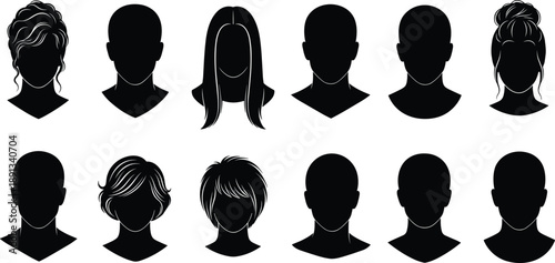 Set of silhouette avatars with various hairstyles and facial shapes for profile icons user interface design and social media identity web graphics