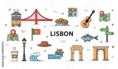 Colorful lisbon icons: tram, bridge, guitar, pastries, flag, map, wave, fish, arches