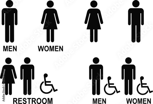 Set of black restroom icons featuring men women and disabled accessibility symbols for public washroom navigation facility labels and information signage
