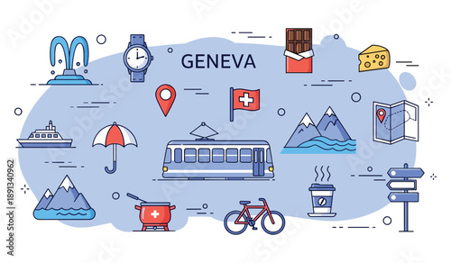 Illustrated symbols of geneva: tram, swiss flag, mountains, fondue, bicycle