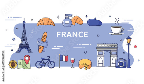 Iconic symbols of france: eiffel tower, croissant, baguette, arc de triomphe, french flag