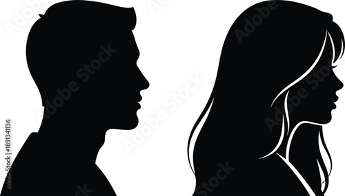 Black Vector Silhouette Profiles of a Man and Woman Side View Facing Each Other for Couple Relationships Identity and Hair Salon Branding
