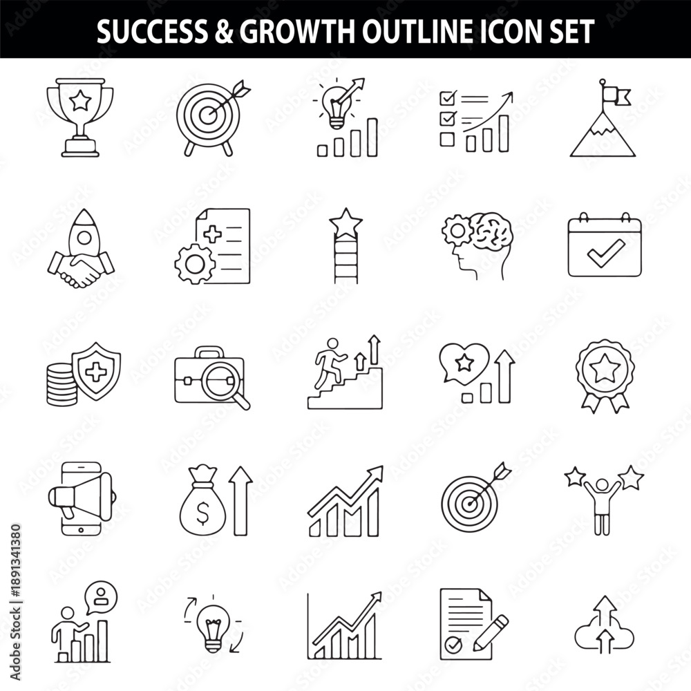 Fototapeta premium Success Growth Outline Icon Set, Business Achievement Illustration, Career Progress Symbols, Motivation Strategy Clipart, Black And White Success Icons, Professional Design Elements, Growth Icon Colle