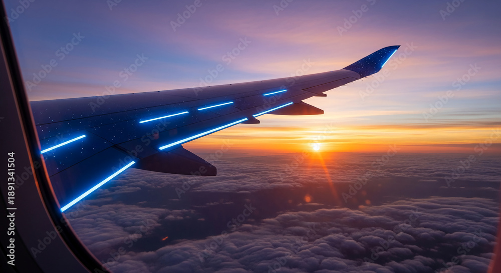 Obraz premium View of plane wing with bright blue lights and window, against a sunset and clouds, symbolizing journey, exploration, and the wonder of air travel