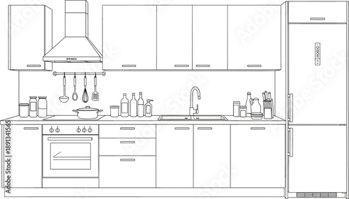 Detailed Black-and-White Line Drawing of Modern Kitchen Interior Featuring Appliances, Utensils, Storage, and Organized Culinary Setup