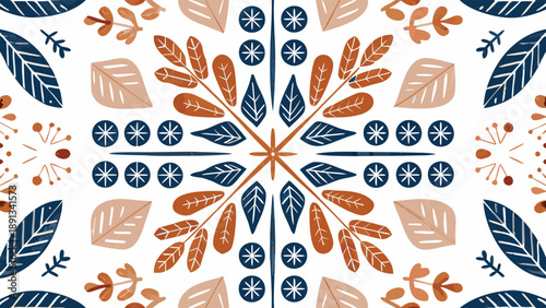 Vibrant modern geometric seamless pattern with tiled leaves and flowers in orange blue and beige on white background