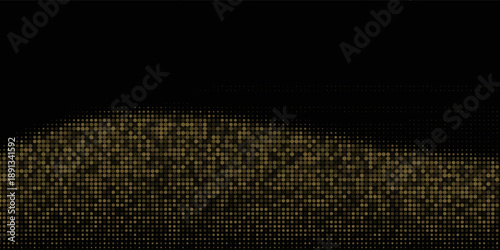 Abstract luxury banner with golden glittering dots on black background. Sparkling glitter bottom border, vector frame. Halftone effect. Magical gold dust. Pop art style backdrop.