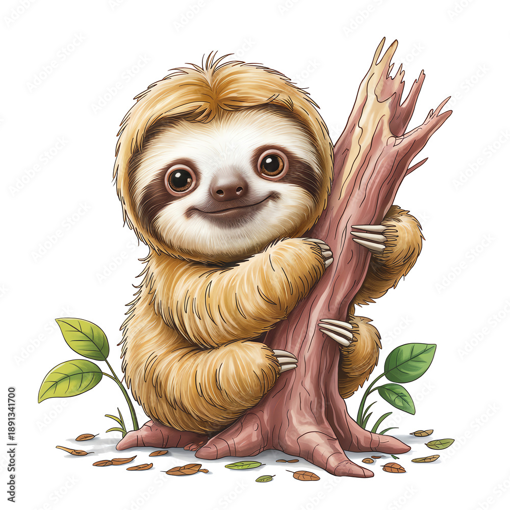 Fototapeta premium A cute sloth clings to a tree trunk with a friendly expression.