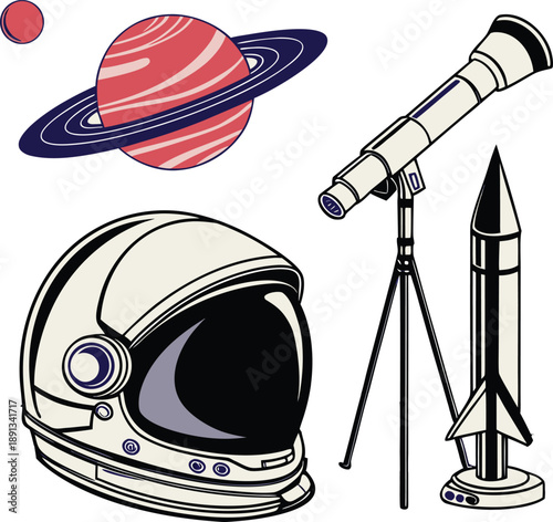 Astronaut helmet, telescope, and rocket poised for cosmic adventure and space exploration