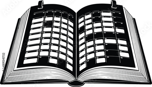 Open book with blank crossword puzzle grid, representing knowledge, learning, and intellectual games