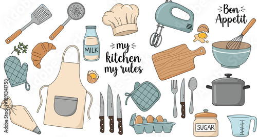 Playful Kitchen Illustration Featuring Cooking Tools, Ingredients, and Phrases Celebrating Personal Style and Culinary Joy