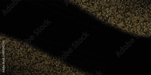 Abstract luxury banner with golden glittering dots on black background. Sparkling glitter bottom border, vector frame. Halftone effect. Magical gold dust. Pop art style backdrop.