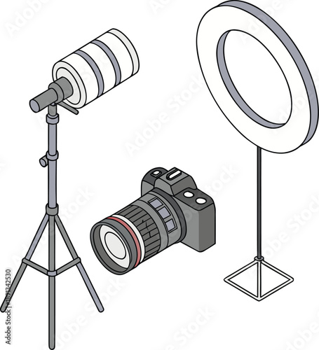 Professional photography equipment setup with studio strobe, softbox, and DSLR camera