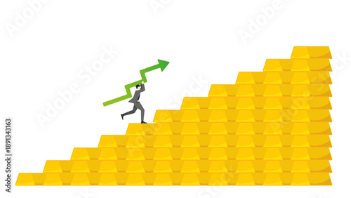 Businessman Carrying Growth Arrow Running up Gold Bar Stairs for Individual Investment Success and Personal Wealth Concept