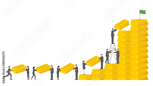 Business Teamwork Collaborating to Build a Huge Gold Bar Wall for Long-term Investment and Financial Success Concept