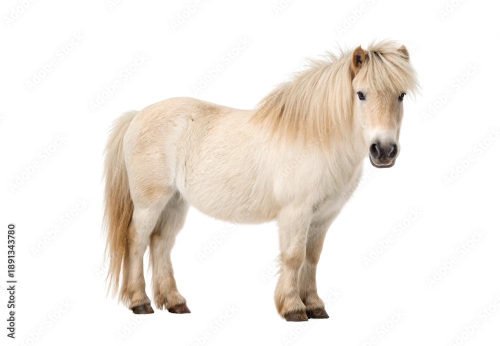 Obraz premium Cream colored Shetland pony with long mane standing side profile studio portrait photograph, isolated on a transparent background