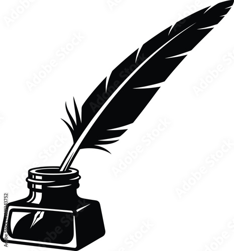 An antique quill pen rests elegantly in a classic glass inkwell, evoking a sense of historical writing and artistic expression