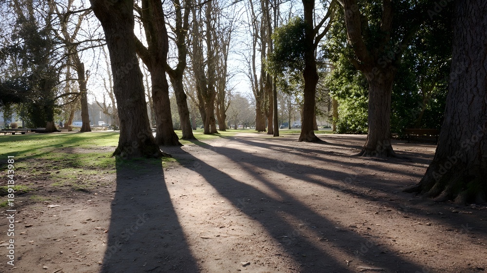 Fototapeta premium Golden sunlight streams through bare tree branches casting long shadows across a tranquil park pathway