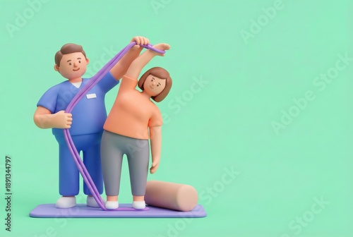 Physical therapist helps patient with stretch using foam roller in a bright 3D space during a therapy session for rehabilitation purposes