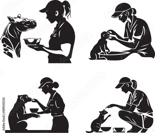 Silhouettes of animal caregivers feeding various animals including a horse a Gradient Background